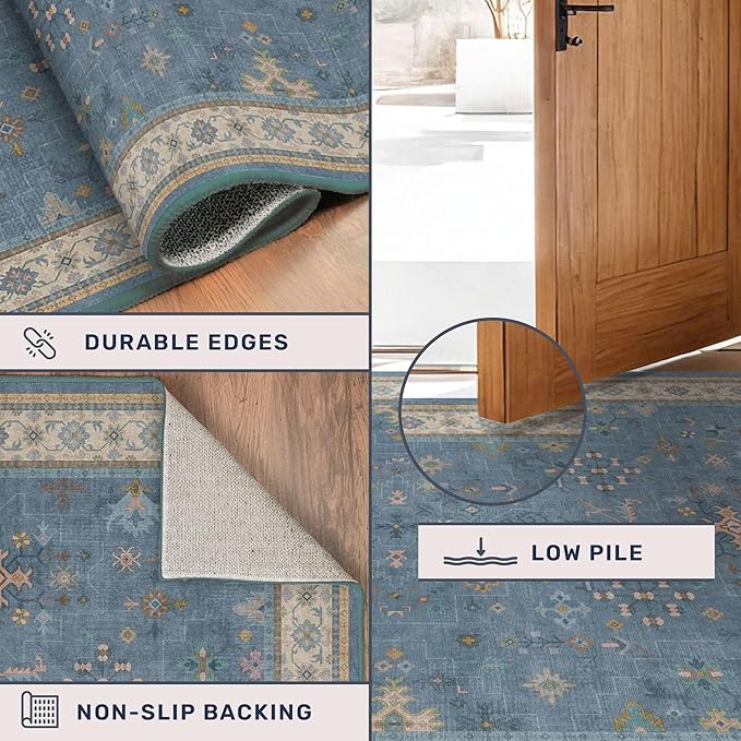 Washable 4x6 Small Rug for Living Room, Area Rug for Kitchen, Bedside, Large Entryway Indoor - Stain Resistant Non Slip with Rubber Backing, Unique Floral Aethestic Décor, Light Blue & Aqua
