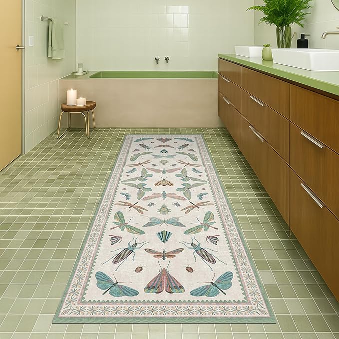 Hazo Haus Washable Non Slip Bathroom Runner Rug 2x5, Insect Boho Bath Mat, Stain Resistant Low Pile Butterfly Insect Print Rugs for Laundry Room, Powder Room, Beige Green