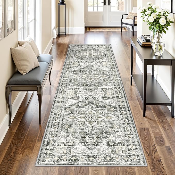 Runner Rug 2x8 Runners for Hallways Non Slip Washable, Vintage Hallway Runner Rugs for Living Room, Low Pile Soft Hallway Rug for Kitchen Bedroom Laundry Room Rug(Grey/Beige,2'x8')