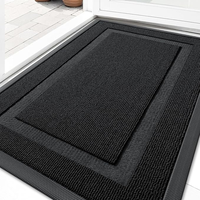 OLANLY Front Door Mat Indoor Outdoor Entrance, Waterproof All-Season, All-Weather Doormat, Sturdy Natural Rubber, Low Profile, Easy Clean Patio Porch Entryway Mat, 33x21, Jet Black