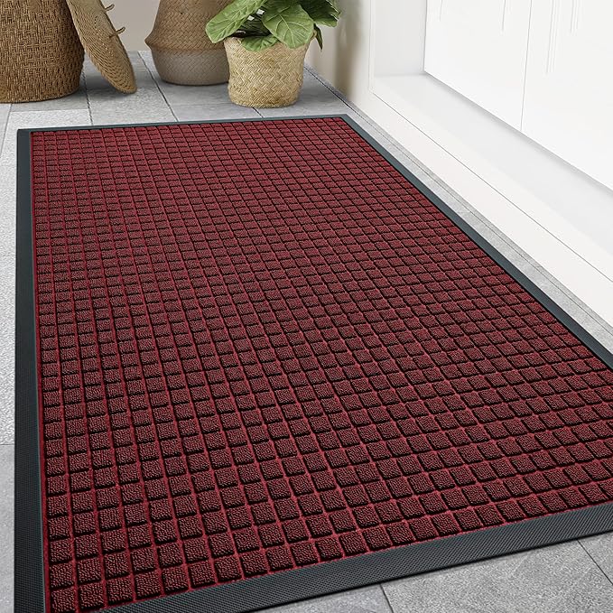 Smiry Front Door Mat Outside Entrance, Heavy Duty Natural Rubber Doormat, Non Slip, Trap Dirt and Moisture, Easy Clean, Low Profile Welcome Floor Mats for Indoor Outdoor Entry, 47x32 Inch, Red
