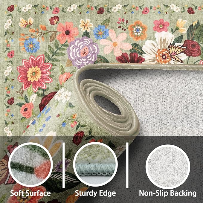 Green Area Rugs 10x14 Living Room, Non Slip Machine Washable Floral Rugs, Low Pile Lightweight Large Rug for Bedroom, Dining Room, Home Office(10 x 14, Green Garden)