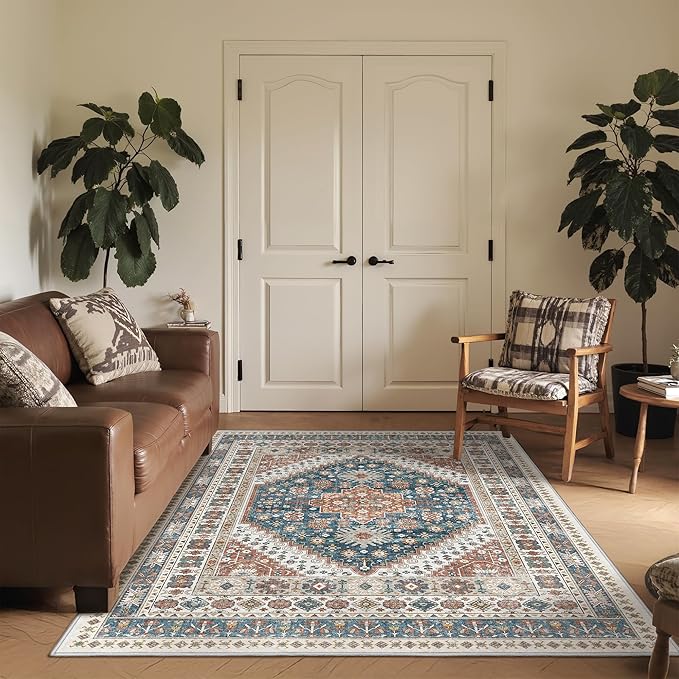 3x5 Washable Area Rug for Entryway, Kitchen Rugs Non Slip for Dining Room, Vintage Floral Soft Living Room Rug, Thin Area Rug Indoor for Bedroom, Kids Room Decor(Blue/Red,3'x5')
