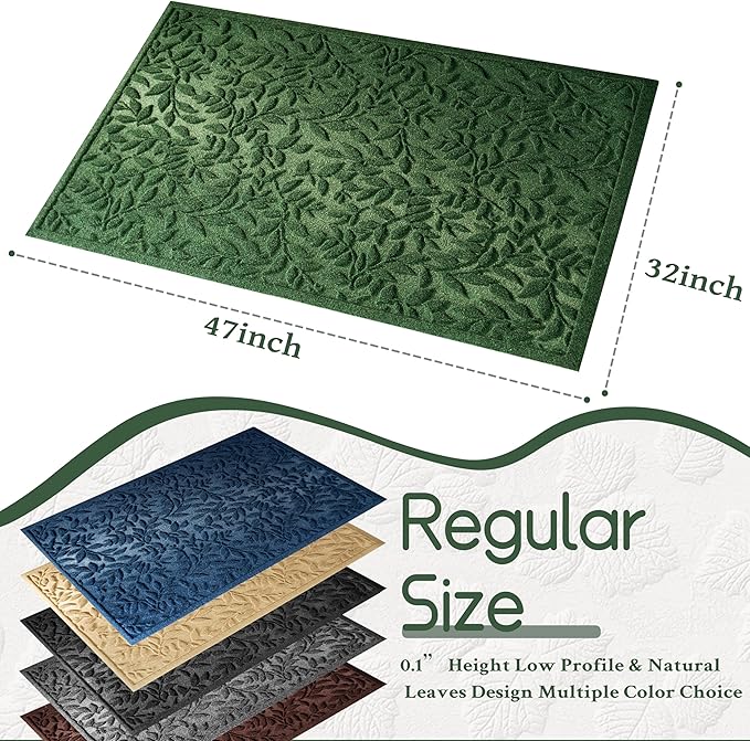 Green Leaves Outdoor Indoor Entrance Door mat, Absorbent Durable Heavy Duty Welcome Front Door Mat,Thick Natural Rubber Back,Easy Clean Entryway Mat 47x32 Inch, Low Profile