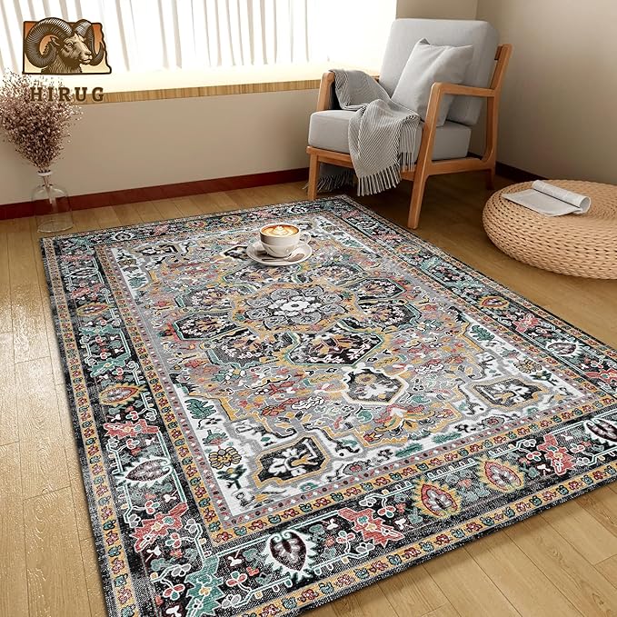 Washable Area Rug 6' x 9' Vintage Traditional Persian Mat - Foldable Distressed Non-Slip Machine Washable Carpet for Living Room Bedroom Kitchen Home Decor - Slate and Multicolor