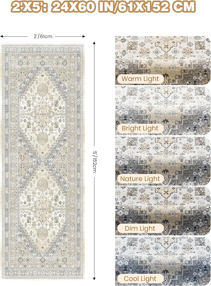 2x5 Rug Runner Washable for Entryway, Soft Bathroom Rugs with Non-Slip Backing,Vintage Low Pile Stair Runner, Small Kitchen Carpet for Hallways, Laundry Room(Beige,2'x5')