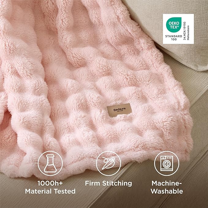 Bedsure 3D Fleece Bubble Blanket for Couch - GentleSoft Pink Twin Blanket for Sofa Bed Girls Room Decor - Luxury Soft Cozy Spring Gifts for Kids Girls, Lightweight, Crystal Pink, 60"×80"