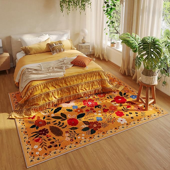 Rugcomf Living Room Rug 6x9 Rug Machine Washable Boho Area Rug Non Slip Floral Vintage Low Pile Large Rug for Living Room, Bedroom, Farmhouse, Dining Room, Kids Playroom(Yellow)