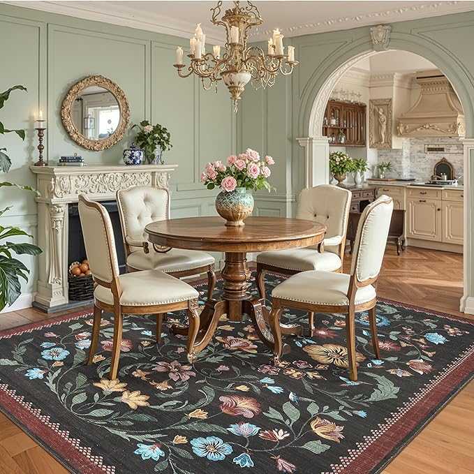 GarveeHome Washable Rug 5x7 Area Rugs for Living Room, Floral Rug for Bedroom, Soft Boho Non Slip Throw Rugs with Rubber Back, Low Pile Stain Resistant Vintage Floral Carpet for Dining Room, Red