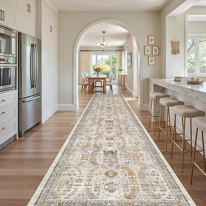 Madane Hallway Runner Rug 3x16 - Vintage Non Slip Washable 16ft Kitchen Runner for Entrance Soft Long Carpet Runners for Living Room Bathroom Low Pile Floor Mat for Bedroom Dining Room, Brown/Gold