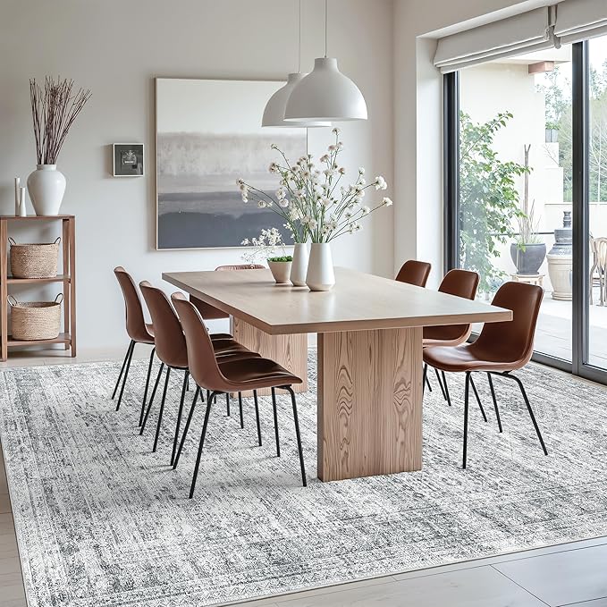 Washable Area Rug 8x12, Large Soft Rugs for Living Room Vintage Grey Carpet 8x12 Area Rugs for Bedroom Dining Room Non-Slip Stain Resistant Under Table Rug
