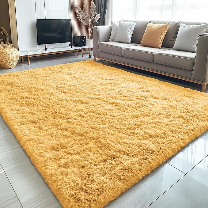 OLANLY 5x8 Machine Washable Large Area Rugs for Living Room, Bedroom, Soft Fluffy Shaggy Bedside Rug, Indoor Floor Carpet for Kids Girls and Boys, Dorms, Nursery, Home Decor Aesthetic, Mustard Yellow
