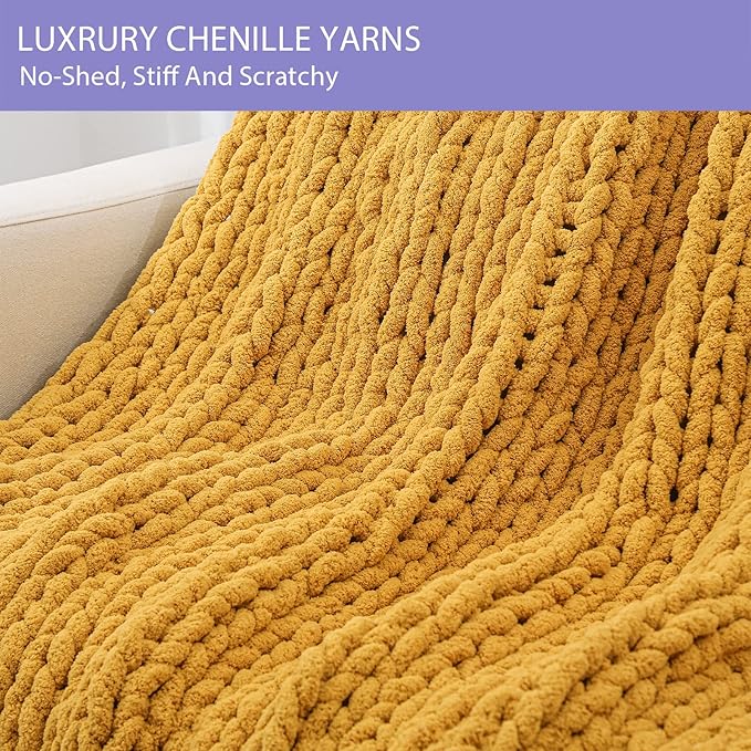 Bigacogo Chunky Knit Throw Blanket for Couch, 40x80 inches, 100% Hand Knitted with Thick Jumbo Chenille Yarn, Cozy Soft Large Rope Knot Cable Crochet Blankets for Sofa Bed Living Room, Mustard Yellow