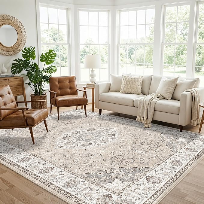 Living Room 6x9 Area Rugs: Farmhouse Washable Ultra Soft Carpet for Bedroom Nursery Indoor Vintage Stain Resistant Rug for Dining Room Non-Slip Durable Neutral Floor Mat for Pet Owners(6x9 Beige)