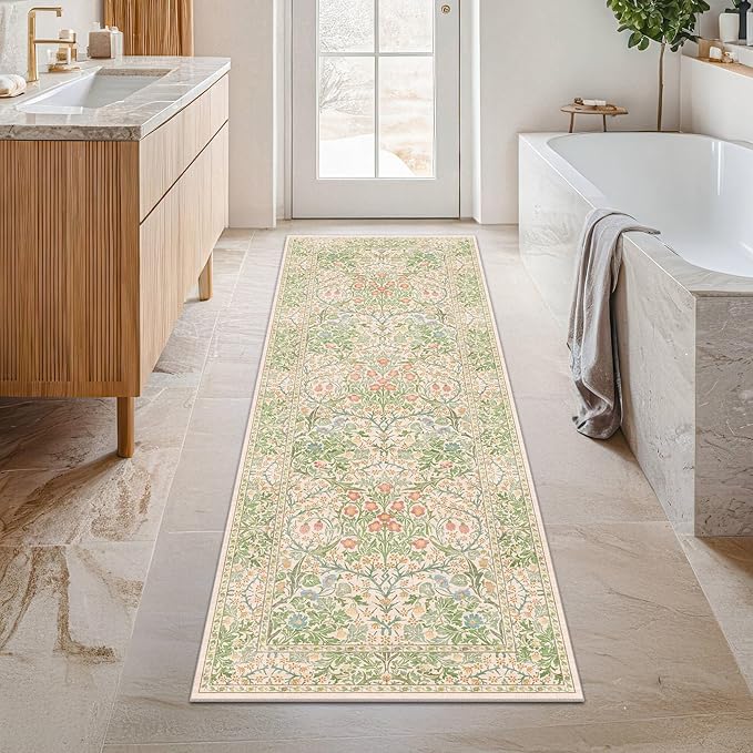Hazo Haus Non Slip Beige Green Bathroom Runner Rug - Long Runner Rugs 24 x 72 Washable Kitchen Floor Mat, Laundry Room Rug, Hallway Runner - Vintage Floral Design Décor (2x6 Beige Green)