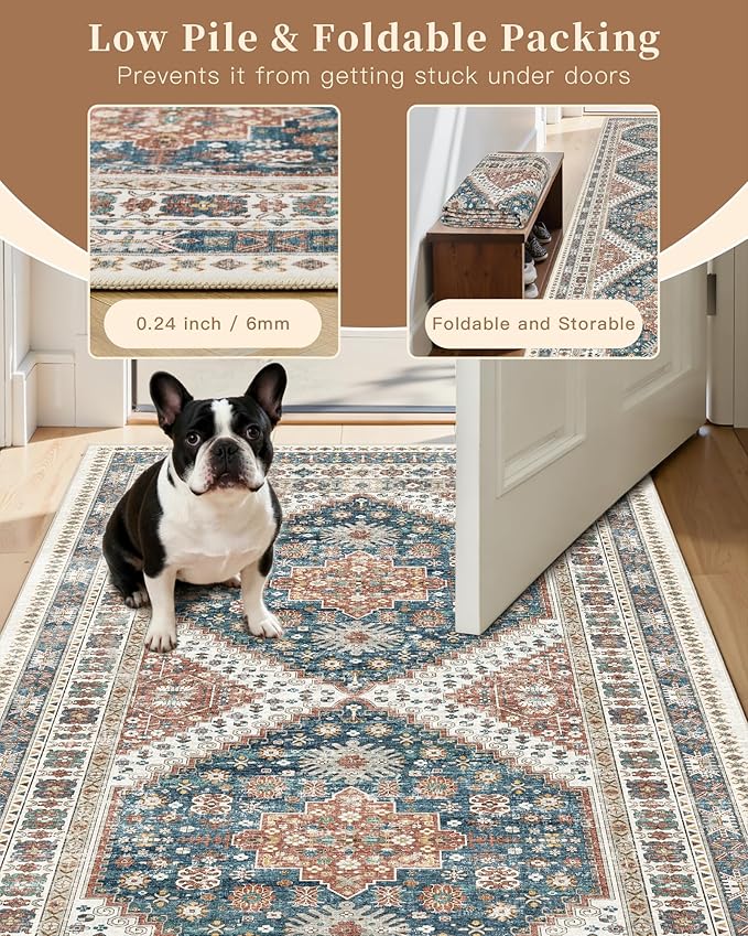 Madane Area Rug 3x5, Entryway Washable Vintage Runners Bedroom Non Slip Indoor Kitchen Runner for Living Room Laundry Room Playroom Soft Non-Slip Area Rugs, Navy Blue