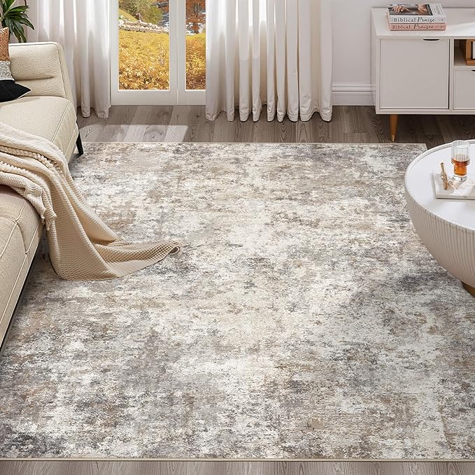 UERMEI Square Area Rugs : Washable 8x8 Neutral Modern Abstract Carpet for Living Room Bedroom - Soft Floor Mat with Non Slip Backing for Kitchen Nursery Dorms Farmhouse Home Decor - Brown Grey