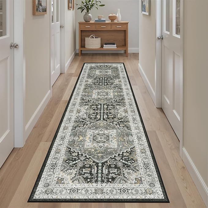 Madane Washable Runner Rug 2x8, Runners for Hallways Non-Slip Kitchen Runner Rugs Ultra-Thin Laundry Room Carpet Runner for Entrance Living Dinning Room Foyer, Grey Green/Black Olive