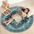 Area Rugs 4ft Washable Non-Slip, Floral Vintage Distress Print Pattern Medallion Carpet for Living Room Bedroom Dining Room, Teal Green Lake Blue Turquoise