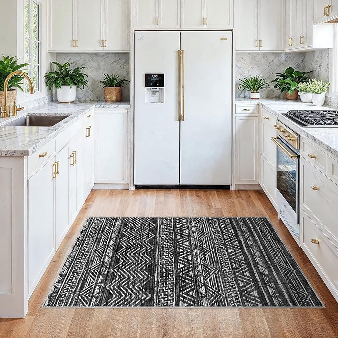 3x4 Washable Entryway Area Rug: Moroccan Small Runner Rug for Hallway Soft Modern Non Slip Door Mat with Rubber Backing Low Pile Thin Floor Carpet for Kitchen Bathroom Bedroom Indoor 3x4 Black