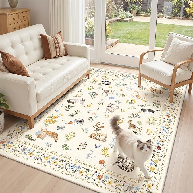 Cat 4x6 Area Rugs, Machine Washable Animal Floral Accent Rug Non-Slip Low Pile Soft Throw Rugs for Entryway Kitchen Bedside Living Room Bedroom Nursery Playroom (4 x 6,Beige)