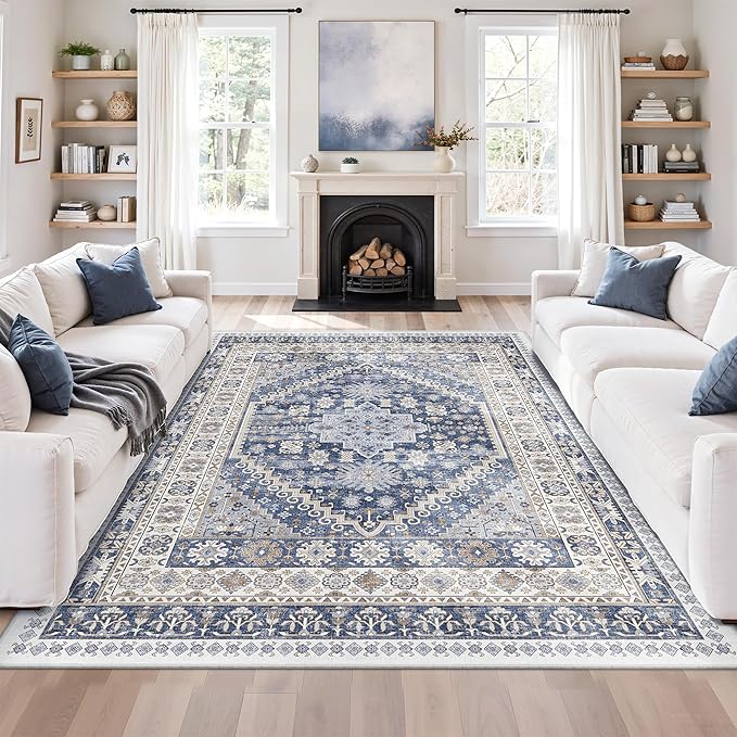 zesthome 5x8 Area Rugs - Ultra-Thin Washble Rug, Stain Resistant Anti Slip Backing Rugs for Living Room,Bedroom, Vintage Home Decor Area Rug (Blue/Beige,5'x8')