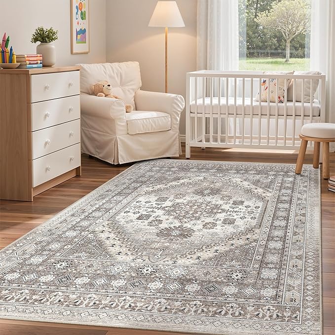 zesthome 4x6 Rug - Stain Resistant Washable Rug, Anti Slip Backing Rugs for Living Room, Foldable Vintage Small Area Rugs (Brown/Beige,4'x6')