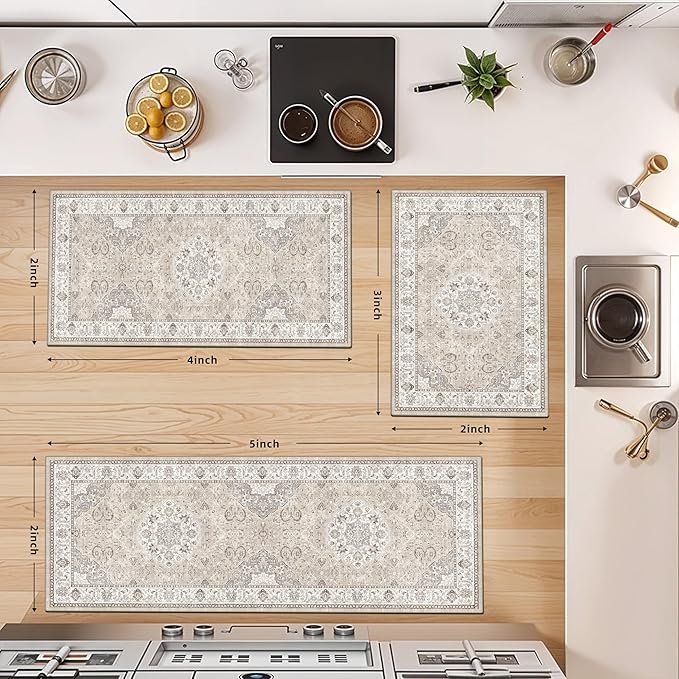 4 Pieces Kitchen Rug Set: Washable Water Resisitant Carpet for Sink Stove Area Soft Floor Mats with Non-Slip Backing for Bathroom Low-Pile Runners for Family with Elderly Dogs(2x3+2x4+2x5+2x6,Beige)