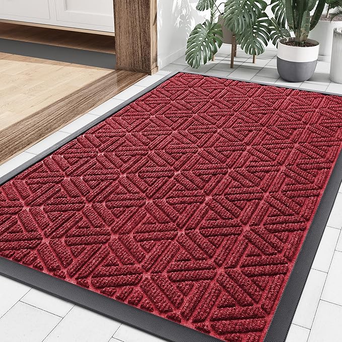 Smiry Front Door Mat Outside Entrance, Heavy Duty Sturdy Natural Rubber Doormat, Trap Dirt and Moisture, Easy Clean Low Profile Mats for Indoor Outdoor Entry, Grid Geometric (35x23, Wine Red)