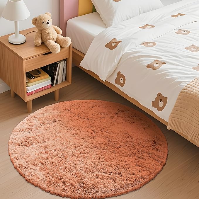 OLANLY Muted Orange Round Rugs for Bedroom - Machine Washable, 3 ft Circle Area Rugs for Living Room, Soft and Fluffy Shaggy Carpet for Teen Girl and Boys, Nursery Rooms, Dorms, Home Decor Aesthetic