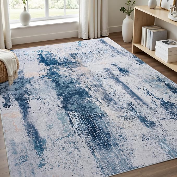Toneed Abstract Area Rug Modern Washable Rug Soft Non Slip Rug Low Pile for Bedroom Living Room Dining Room Dusty Teal Grey 5x8 Feet