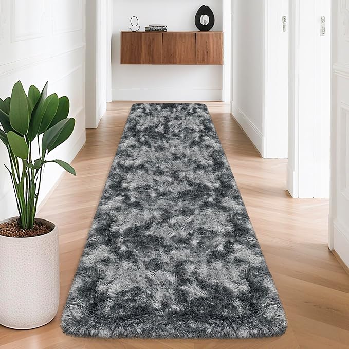 Tie-Dyed Dark Grey 2x8 Machine Washable Runner Rugs for Hallway Soft Fluffy Shaggy Bedside Rugs for Bedroom Living Room Indoor Floor Carpet for Kids Girls and Boys Nursery Rooms Home Decor Aesthetic