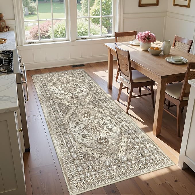 3x8 Runner Rug Non Slip Washable for Entryway, Front Porch, Vintage Hallway Runner for Laundry Room, Bedroom, Stain Resistant Thin Indoor Kitchen Mats for Floor(Brown,3'x8')