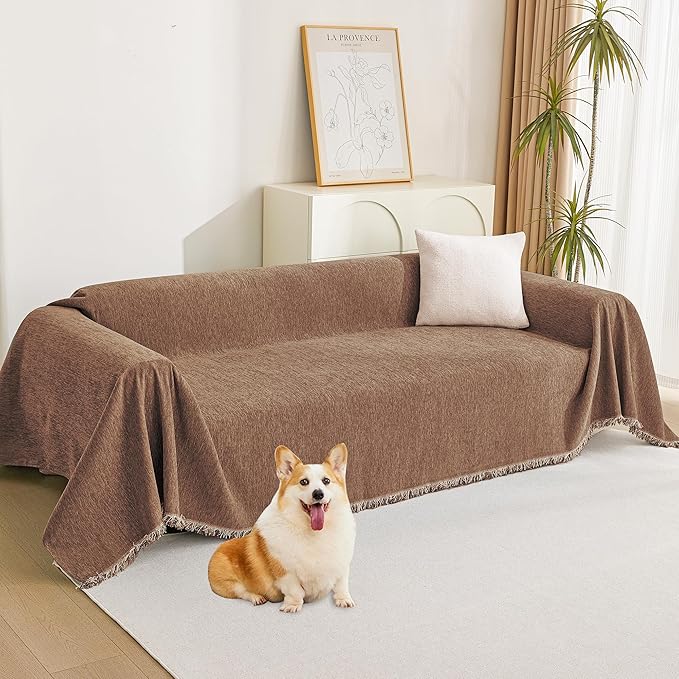 MYSKY HOME Couch Covers for 3 Cushion Couch Sofa, Chenille L Shape Sectional Couch Cover - Pet-Friendly, Machine Washable, Non-Slip Sofa Protector for Dogs, Kids, 71"x118", Camel
