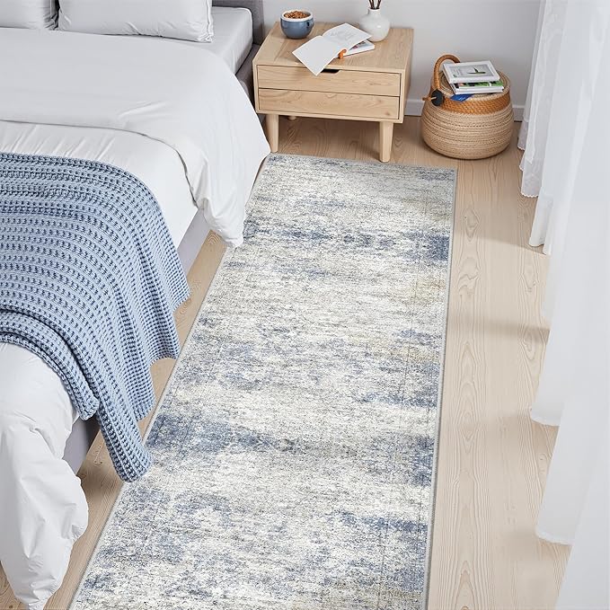 Washable Runner Rugs for Bedroom - 2x6 Runner Rug Non Slip, Ultra-Thin Entryway Runner, Soft Abstract Kitchen Runner for Hallway, Laundry, Indoor Door Mat(2'x6', Blue/Brown/Ivory)