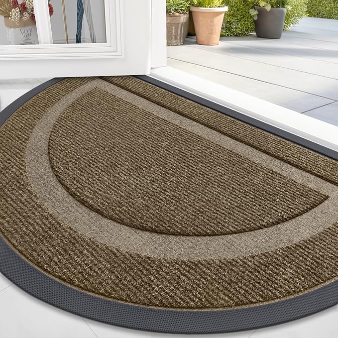 OLANLY Half Circle Door Mat Indoor Outdoor Entrance Welcome, Waterproof All-Season, All-Weather Doormat, Sturdy Natural Rubber, Low Profile, Easy Clean Patio Porch Entryway Mat, 59x35, Brown
