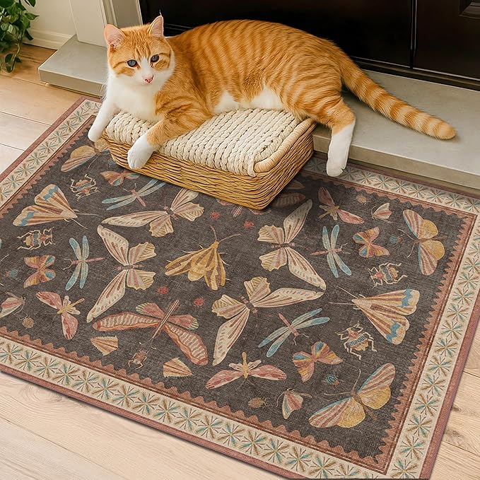 Vintage 2x3 Entry Way Rugs Indoor, Stain Resistant Washable Kitchen Rugs Non Slip, Small Soft Carpet for Bathroom, Powder Room, Insect Boho Indoor Décor, Low Pile & Stain Resistant (Orange and Brown)