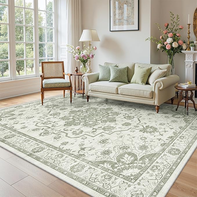 Madane 9x12 Area Rugs for Living Room, Machine Washable Vintage Green Rug with Non-Slip Backing, Soft Throw Large Rug, Thin Carpet for Bedroom Dining Room Farmhouse Under Table, Green/Ivory
