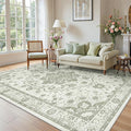 Madane 8x10 Area Rugs for Living Room, Machine Washable Vintage Green Rug with Non-Slip Backing, Soft Throw Large Rug, Thin Carpet for Bedroom Dining Room Farmhouse Under Table, Green/Ivory
