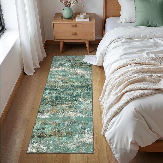 Runner Rug for Hallway Kitchen, 2x6 Machine Washable Runners Rug for Entryway, Soft Modern Abstract Throw Rugs, Low Pile Floor Cover with Non Slip Backing, Turquoise