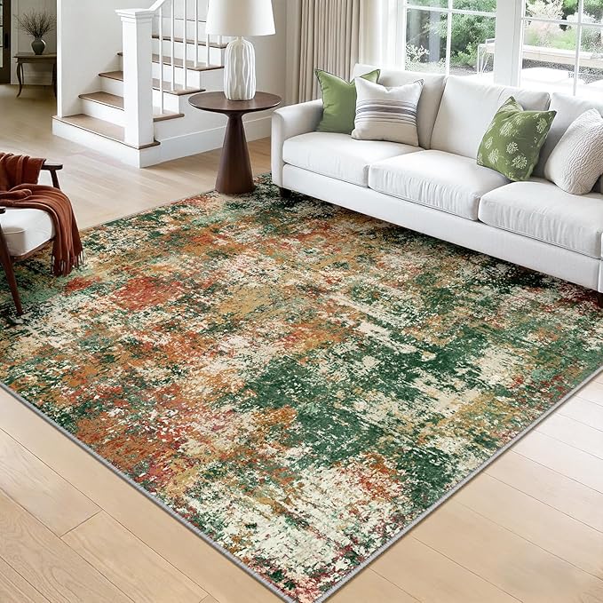 Washable Area Rugs Square 8ft Non-Slip Modern Abstract Soft for Living Room Entryway Bedroom Nursery, Print Pattern, Green Orange Rust Red Cream Colorful