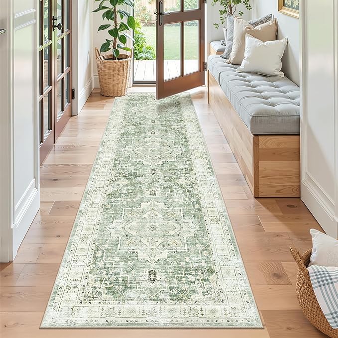 Madane Runner Rug 2x8, Washable Hallway Runner Rugs, Non-Slip Low-Pile Soft Kitchen Rug Runner Laundry Room Rug, Vintage Throw Entry Foyer Mat for Entrance Living Room (Green/Ivory, 2 x 8)