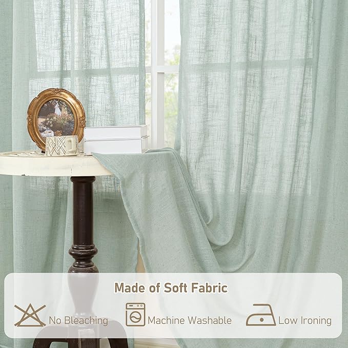 LAMIT Short Linen Window Curtains 40 Inch Length 2 Panels, Light Sage Semi Sheer Light Filtering Panels Back Tab and Rod Pocket Neutral Drapes for Basement/Window/Loft Room, 34 x 40 Inch