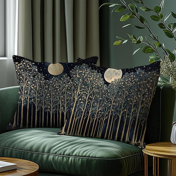 Rustic William Morris Night Moon Forest Green Decor Pillow Covers 18x18 Set of 2,Vintage Botanical Nature Landscape Decorative Throw Pillow Covers for Home Bedroom Living Room