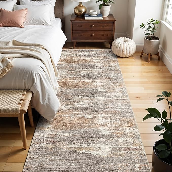 2x6 Washable Kitchen Runner Rug: Modern Abstract Runners for Hallway Soft Non Slip Rugs with Rubber Backing Low Pile Thin Floor Carpet for Entryway Bedroom Bathroom Bedside Indoor(Brown/Brick,2x6)