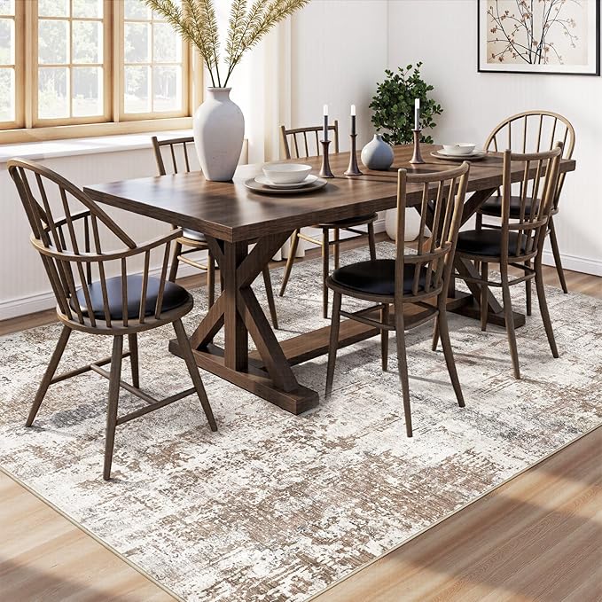 Area Rug Living Room Rugs - Washable Neutral Modern Abstract Soft Thin Rug Indoor Floor No Slip Rug Carpet for Bedroom Under Dining Table Home Office Decor - Brown/Grey/Red - 6x9