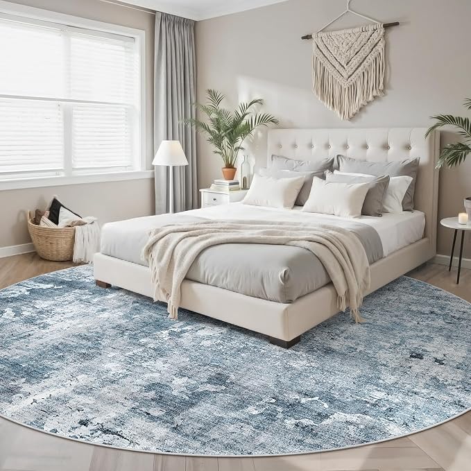 8x8 Blue/Grey Round Rug 8ft Living Room Circle Rug Vintage Round Area Rug Non Slip Indoor Carpet for Apartment