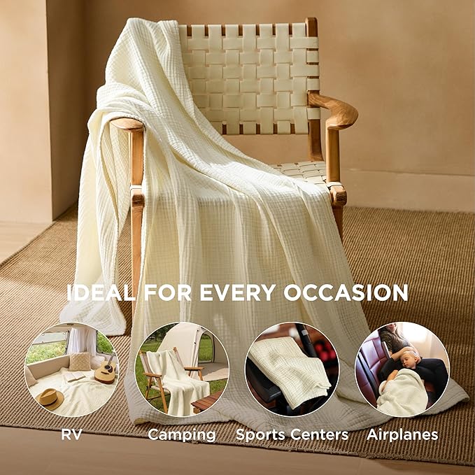 Bedsure 100% Cotton Muslin Blankets for Adults Large Throw 50x70 Inches - 4-Layer Breathable and Lightweight, Soft Boho Gauze Muslin Cotton Blanket for Couch Decor Travel Summer, Cream