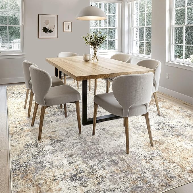 UERMEI 8x10 Area Rug Living Room Rugs - Washable Neutral Modern Abstract Soft Thin Large Rug Indoor Floor No Slip Rug Carpet for Bedroom Under Dining Table Home Office Decor - Golden Grey
