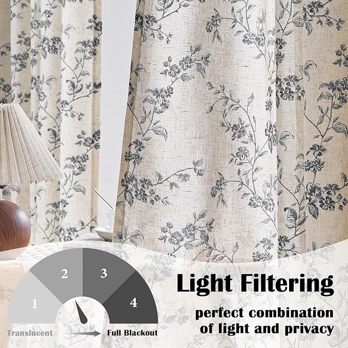 Lazzzy Farmhouse Linen Curtains Extra Long Black Floral Curtains 108 Inch Length Back Tab Drapes for Living Room Bedroom Light Filtering Country Vintage Rod Pocket, 2 Panels, Black on Beige